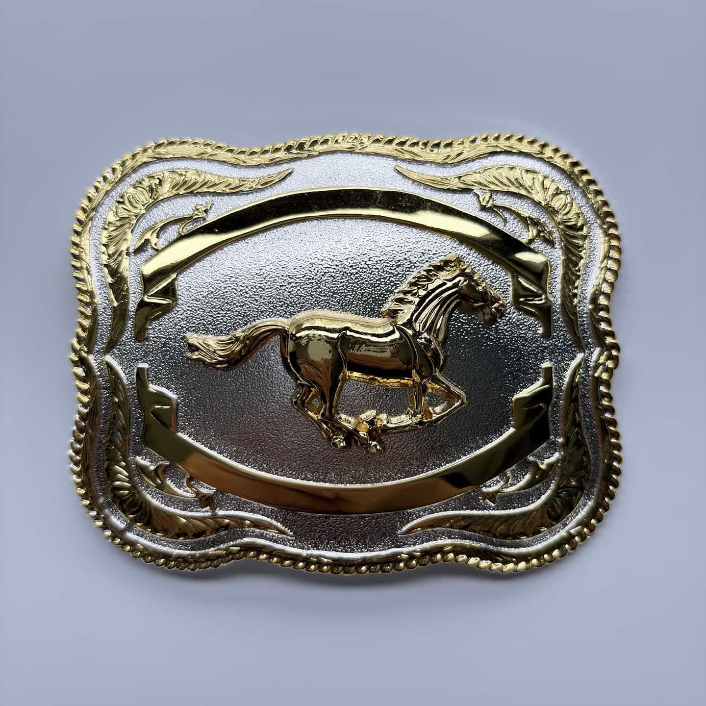 Bright Silver With Gold Running Horse Rodeo Cowboy Cowgirl Rectangle Belt Buckle Hebilla Gurtelschnalle Boucle de ceinture BUCKLE-WT170