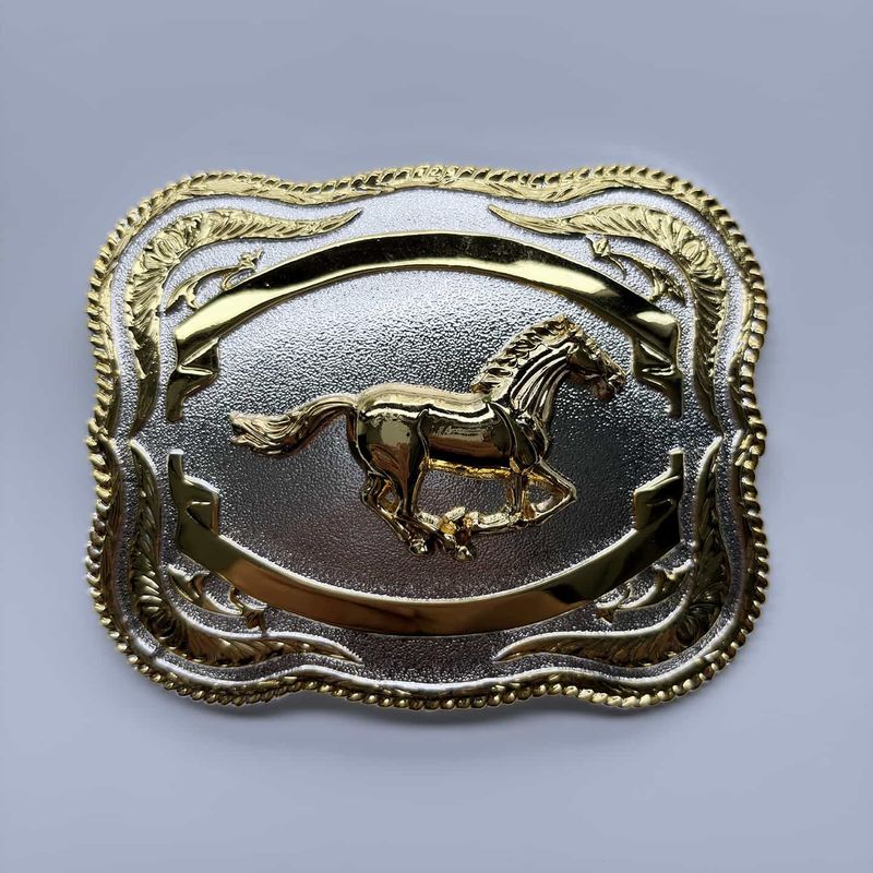 Bright Silver With Gold Running Horse Rodeo Cowboy Cowgirl Rectangle Belt Buckle Hebilla Gurtelschnalle Boucle de ceinture BUCKLE-WT170