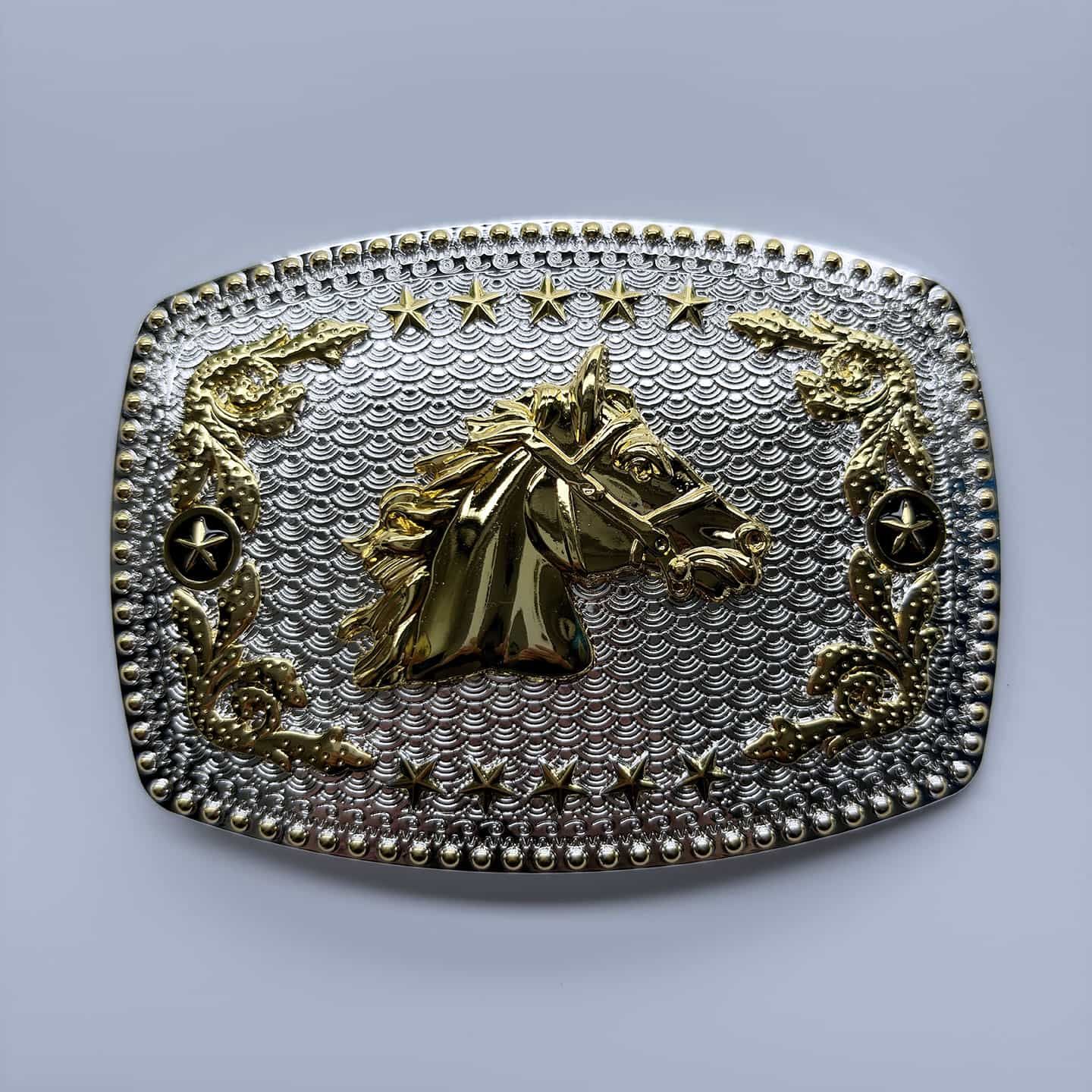 Bright Silver With Gold Horse Head Rodeo Star Cowboy Cowgirl Rectangle Belt Buckle Hebilla Gurtelschnalle Boucle de ceinture BUCKLE-WT173