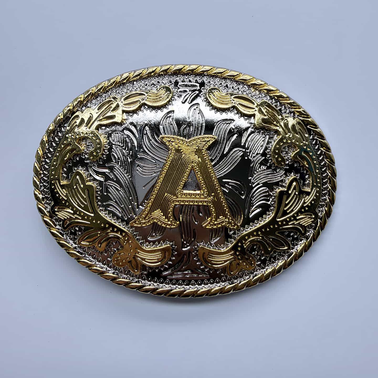 Bright Silver With Gold Initial Letter A-Z Cowboy Cowgirl Oval Western Belt Buckle Hebilla BUCKLE-LE030