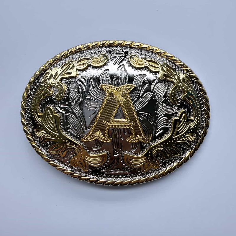 Bright Silver With Gold Initial Letter A-Z Cowboy Cowgirl Oval Western Belt Buckle Hebilla BUCKLE-LE030