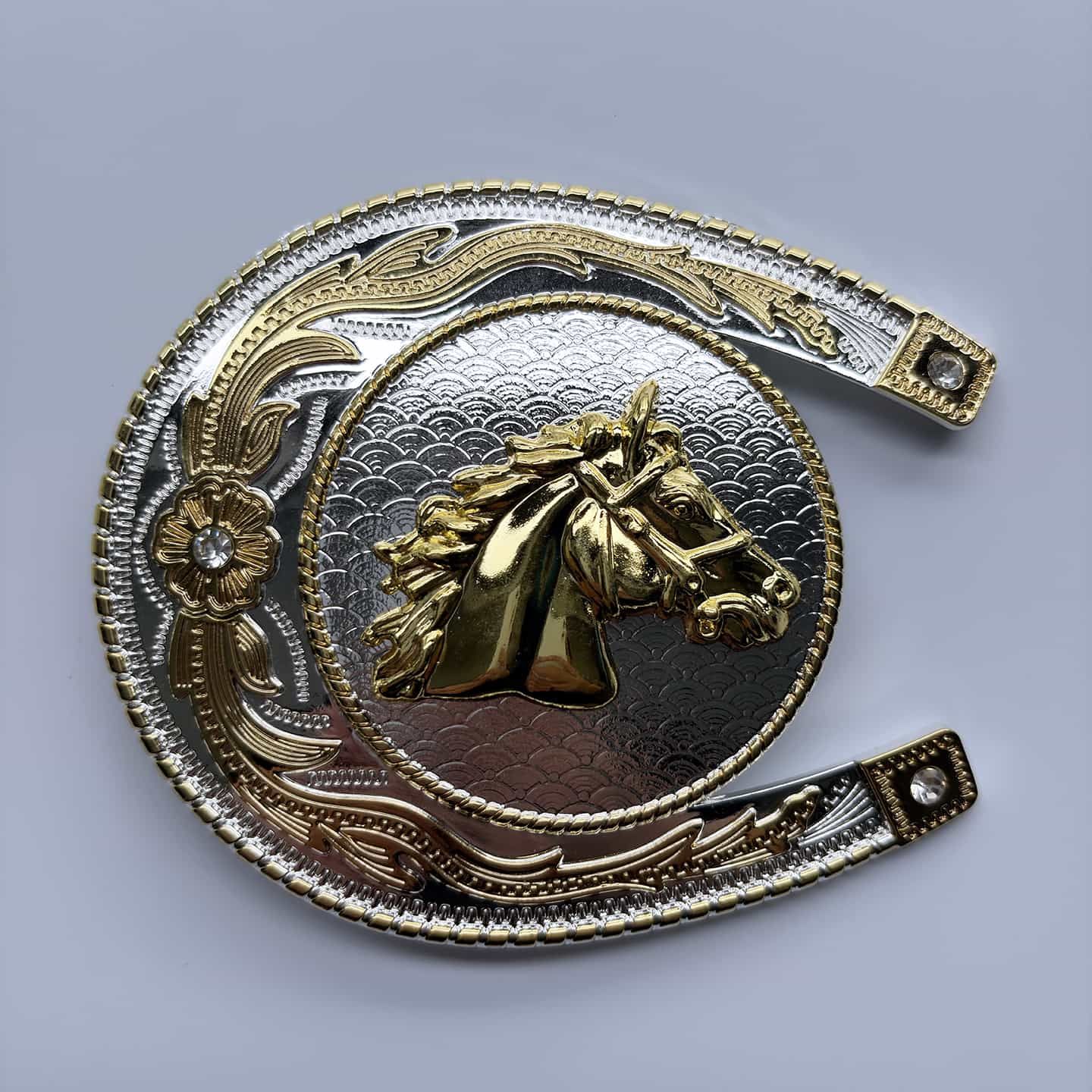 Bright Silver With Gold Rodeo Cowboy Cowgirl Horse Horseshoe Belt Buckle Hebilla Gurtelschnalle Boucle de ceinture BUCKLE-WT168
