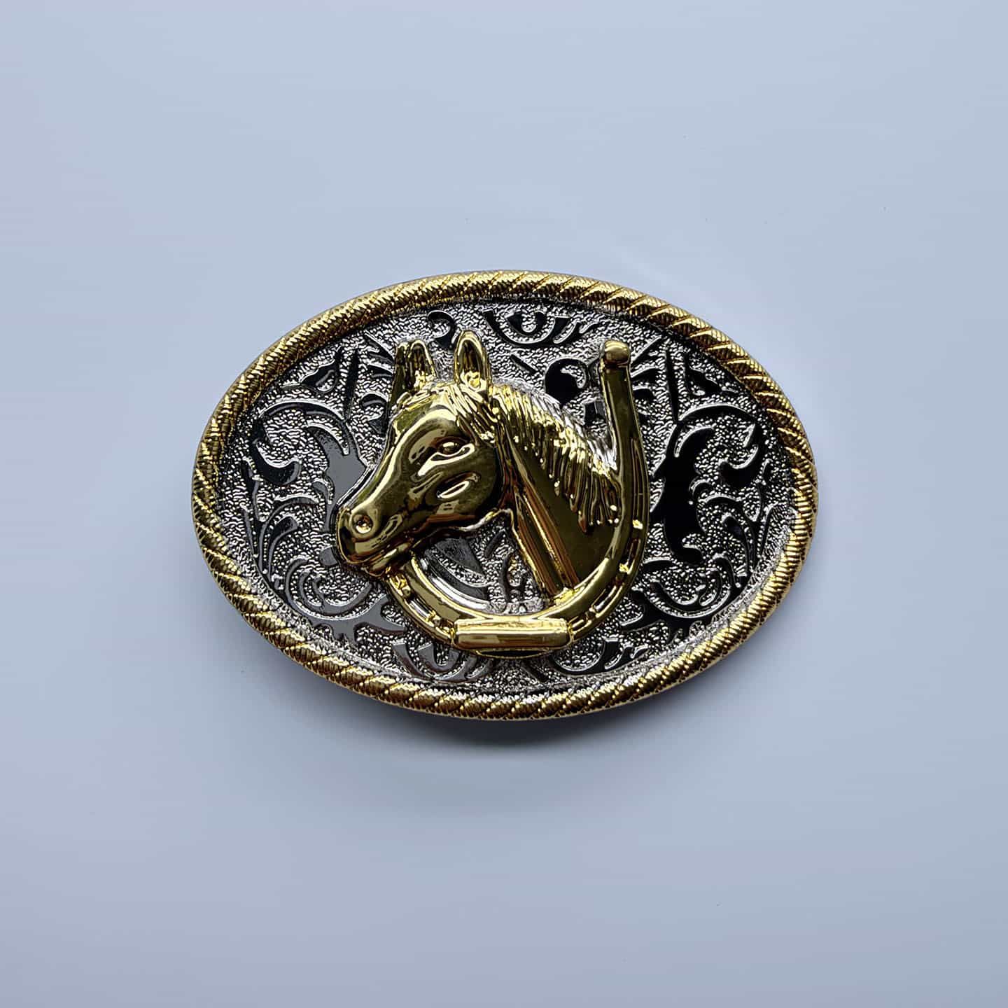 Bright Silver With Gold Horse Head Horseshoe Rodeo Cowboy Cowgirl Oval Belt Buckle Hebilla Gurtelschnalle Boucle de ceinture BUCKLE-WT172