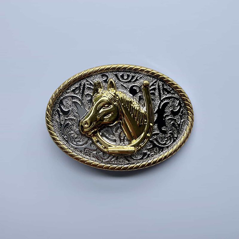 Bright Silver With Gold Horse Head Horseshoe Rodeo Cowboy Cowgirl Oval Belt Buckle Hebilla Gurtelschnalle Boucle de ceinture BUCKLE-WT172
