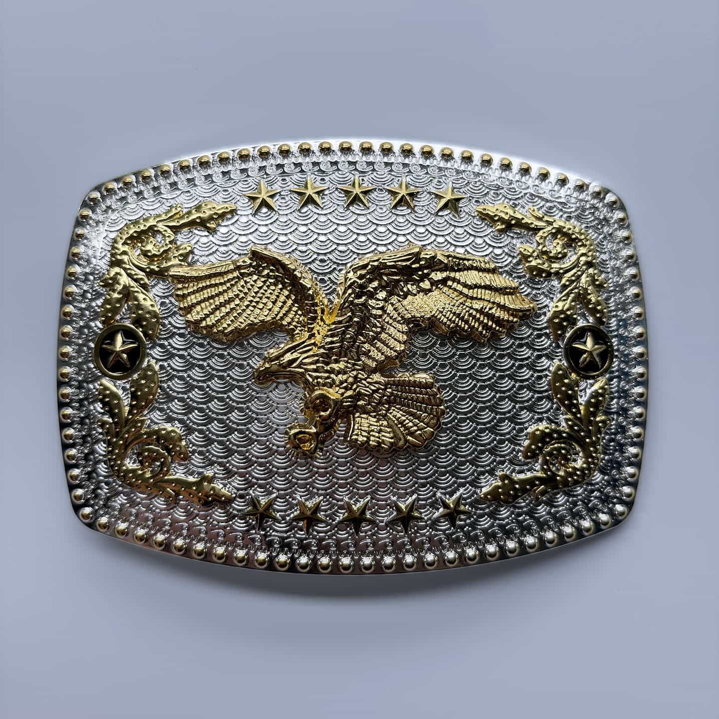 Bright Silver With Gold Fly Eagle Rodeo Star Cowboy Cowgirl Rectangle Belt Buckle Hebilla Gurtelschnalle Boucle de ceinture BUCKLE-WT174