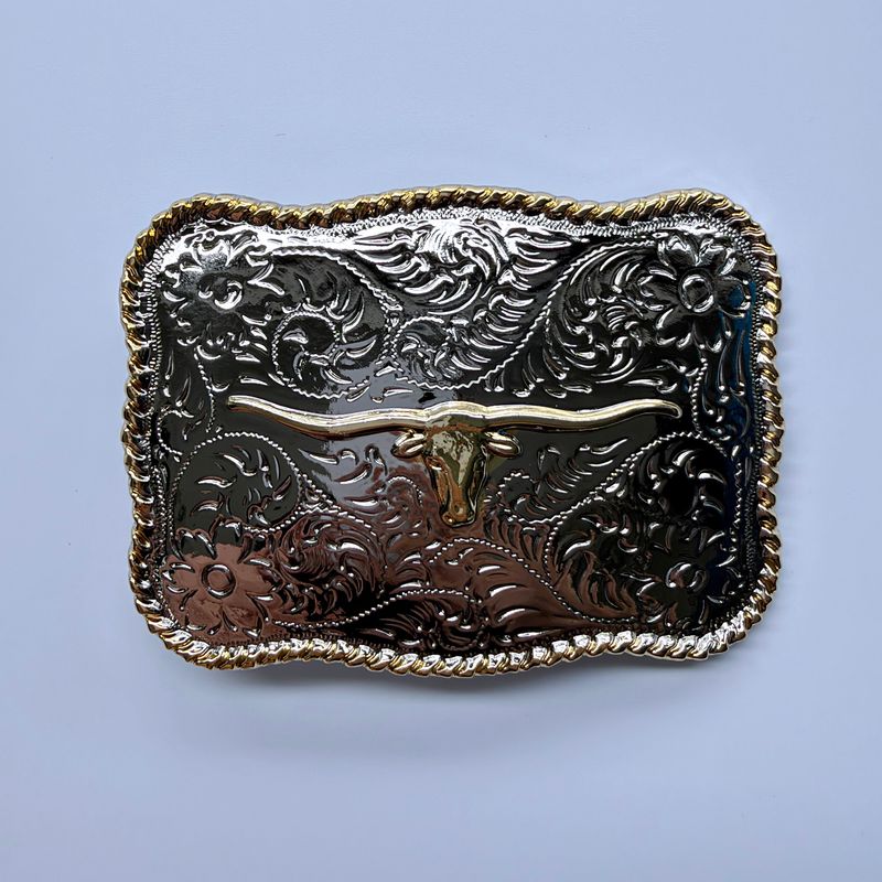 Bright Silver With Gold Longhorn Bull Rodeo Cowboy Cowgirl Belt Buckle Hebilla Gurtelschnalle Boucle de ceinture BUCKLE-WT178