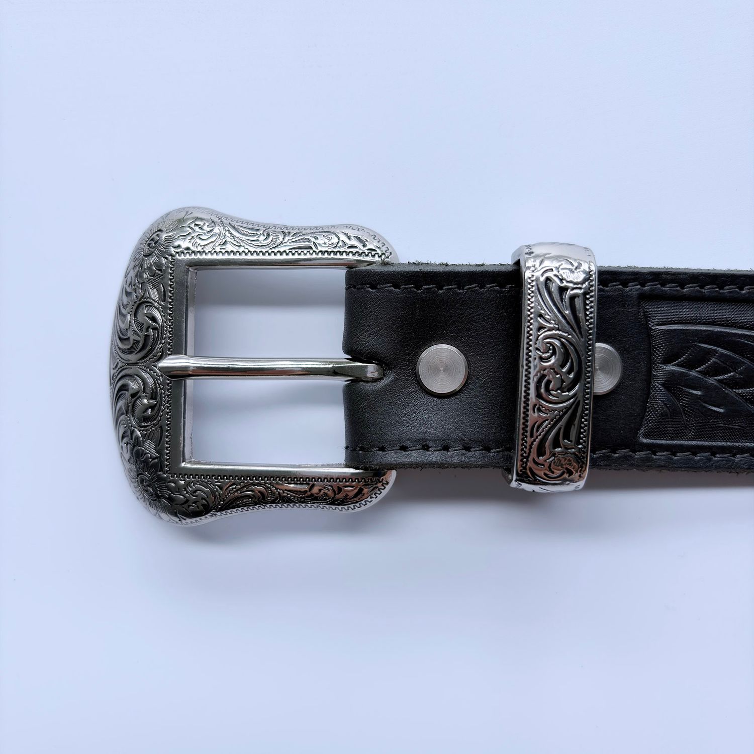 Vintage Pin Belt Buckle Hand Crafted Cowboy Cowgirl Black Genuine Leather Belt BELT1-003BK-PIN3