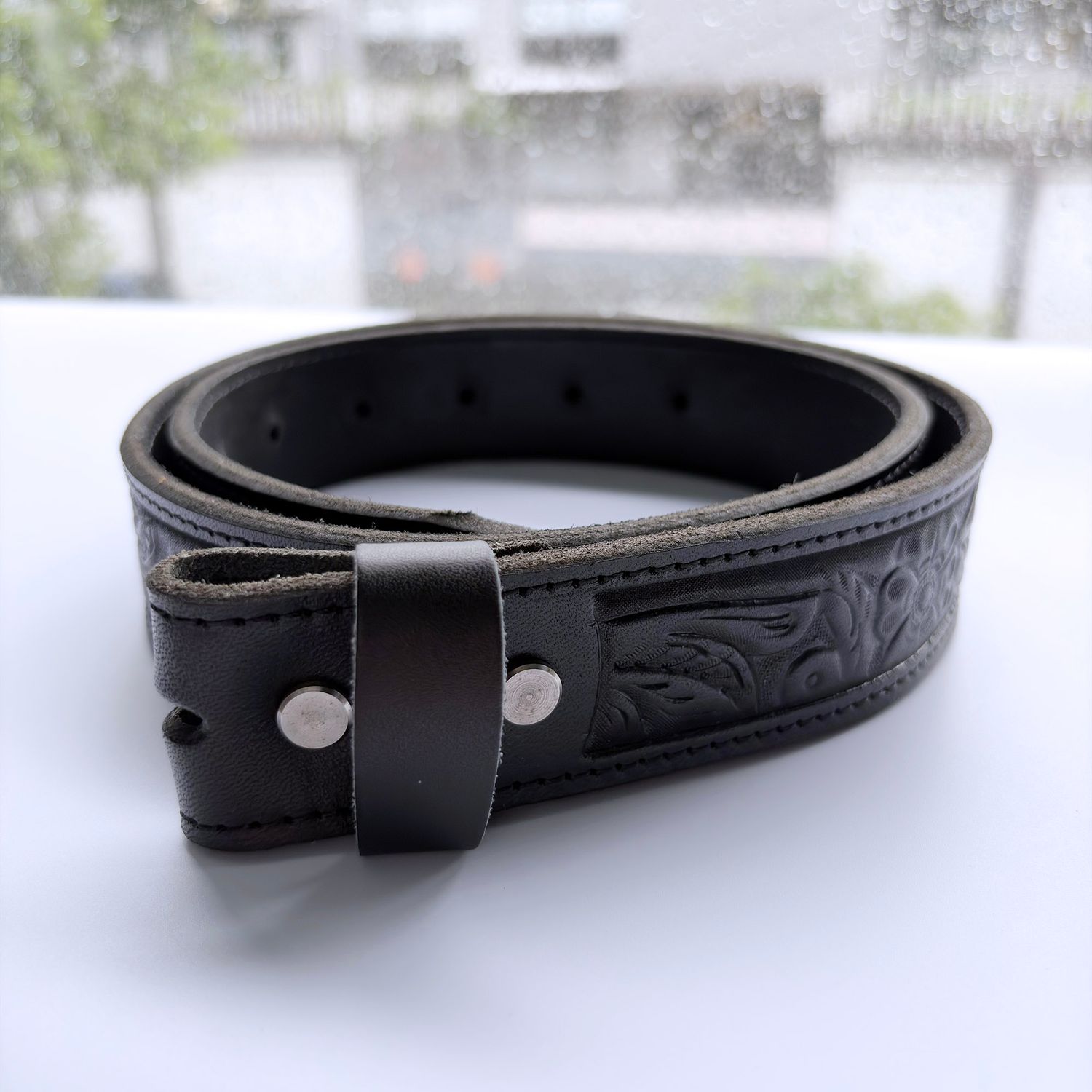 Hand Crafted Western Flowers Solid Genuine Leather Belt With Stainless Steel Screws BELT1-003BK-SS