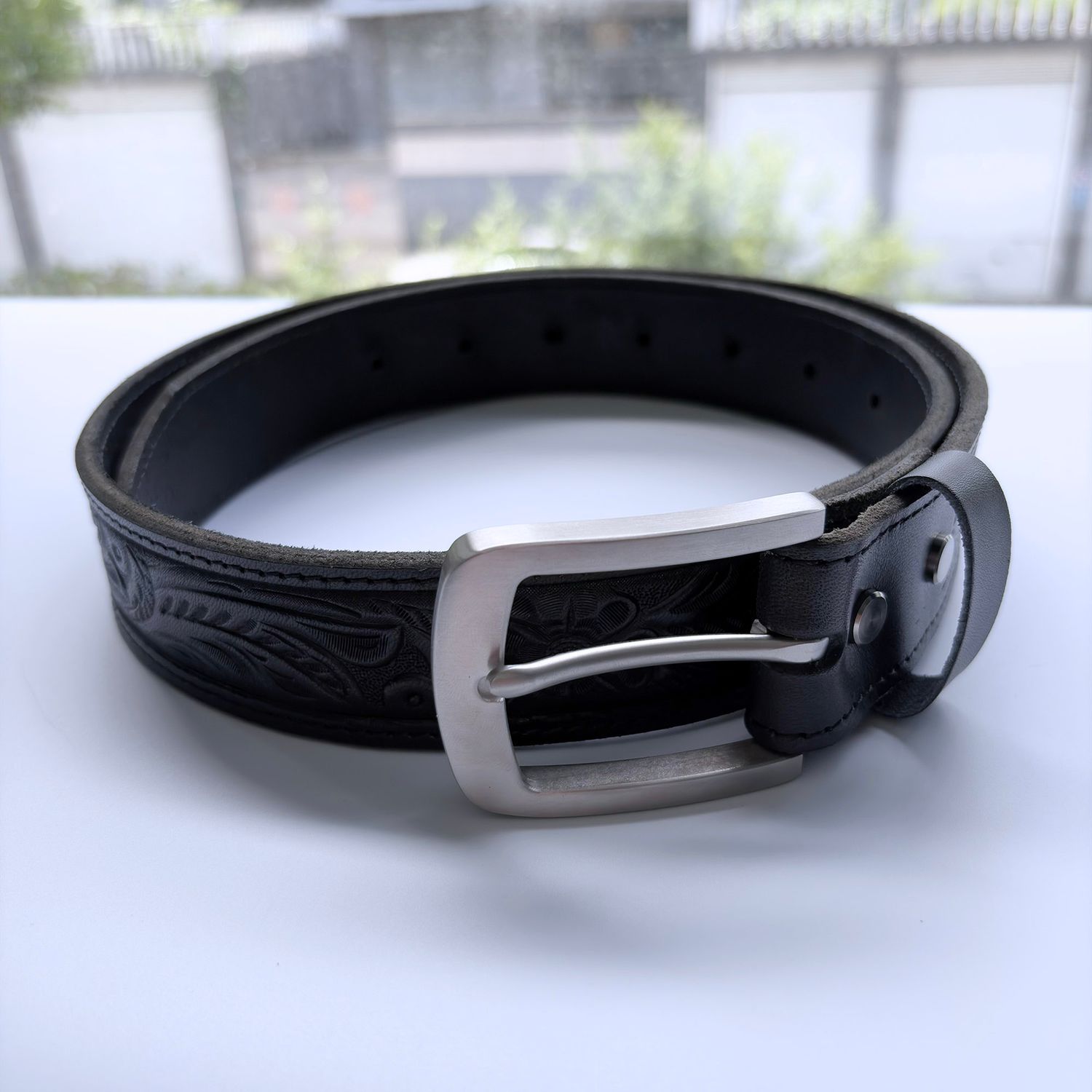 Southwestern Tooled Floral Belt - Black Premium Hand-Crafted Leather with Stainless Steel Pin Buckle (Complete Set) BELT1-003BK-SS001