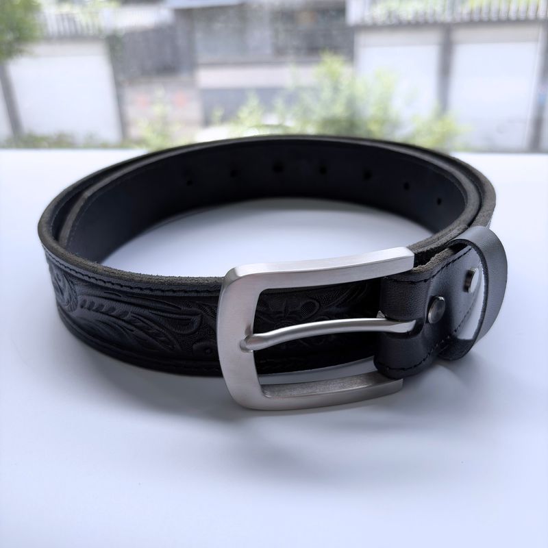 Southwestern Tooled Floral Belt - Black Premium Hand-Crafted Leather with Stainless Steel Pin Buckle (Complete Set) BELT1-003BK-SS001