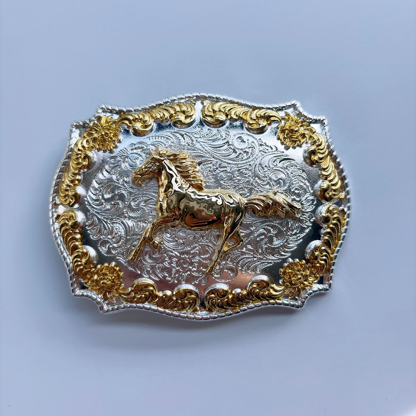 Bright Silver with Gold Color Running Horse Two-Tone Western Cowboy Cowgirl Belt Buckle Hebilla BUCKLE-WT129SG