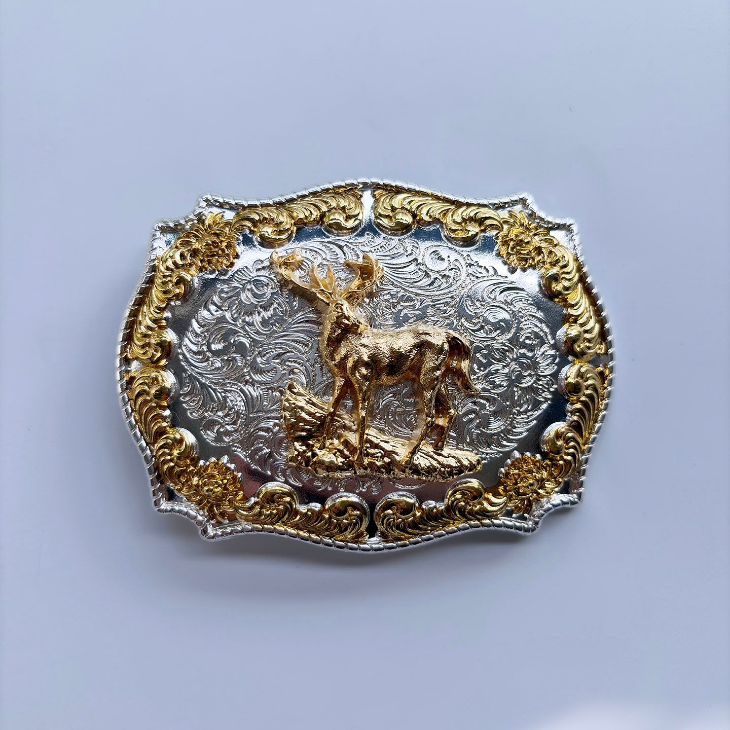 Bright Silver with Gold Color Deer Two-Tone Western Cowboy Cowgirl Belt Buckle Hebilla BUCKLE-WT134SG