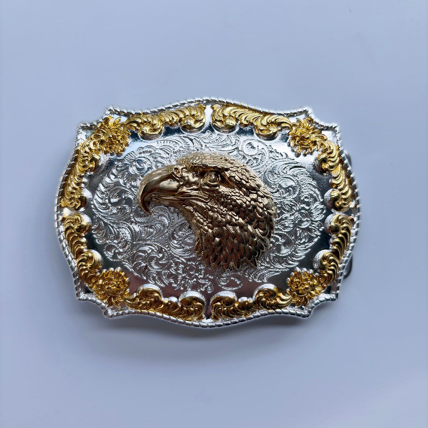 Bright Silver with Gold Color American Pride Eagle Head Two-Tone Western Cowboy Cowgirl Belt Buckle Hebilla BUCKLE-WT136SG