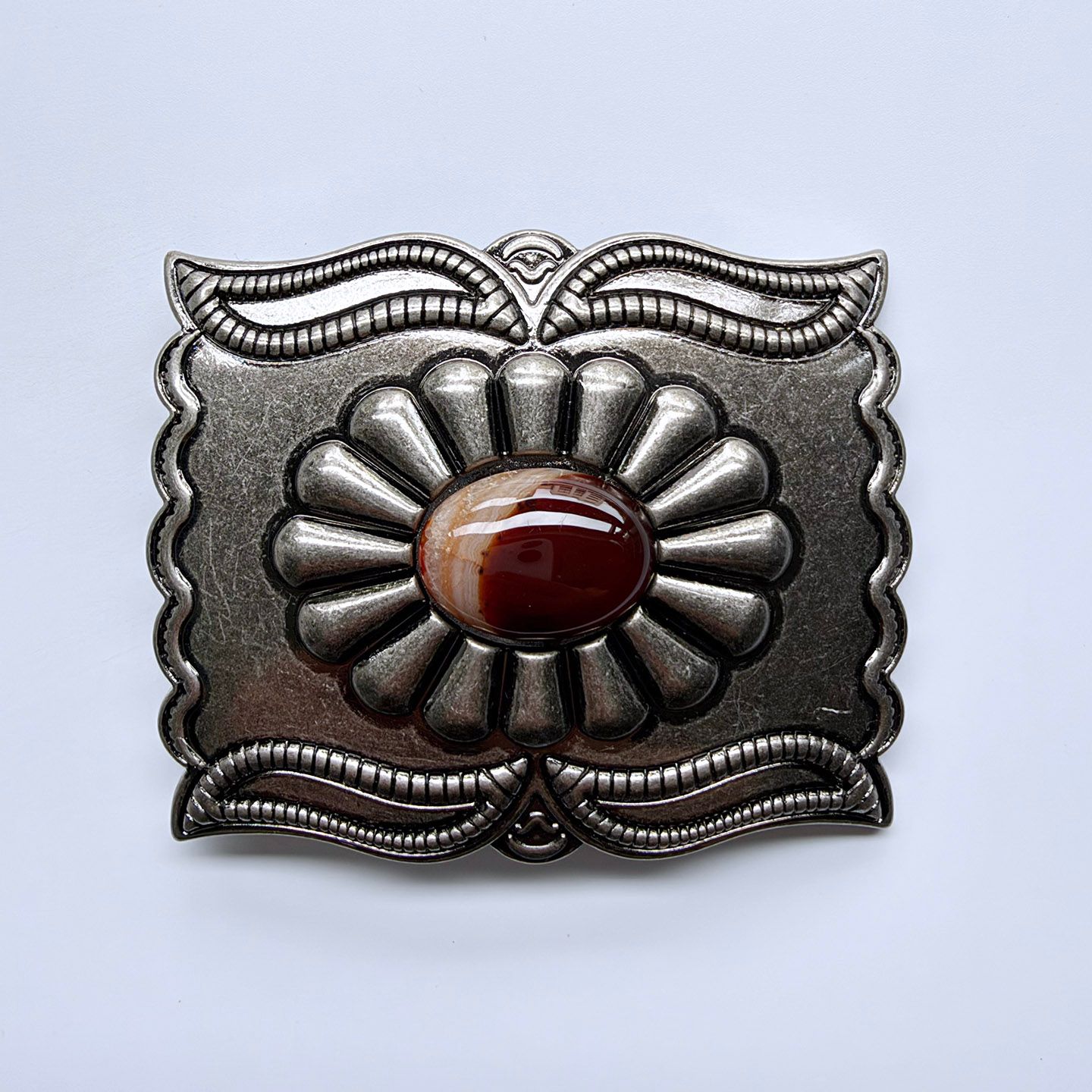 Southwestern Style Square Engraved Belt Buckle, Antique Silver Tone with Imitation Tiger Eye Center Stone, Retro Cowboy Cowgirl Belt Buckle for Men Women BUCKLE-WG015