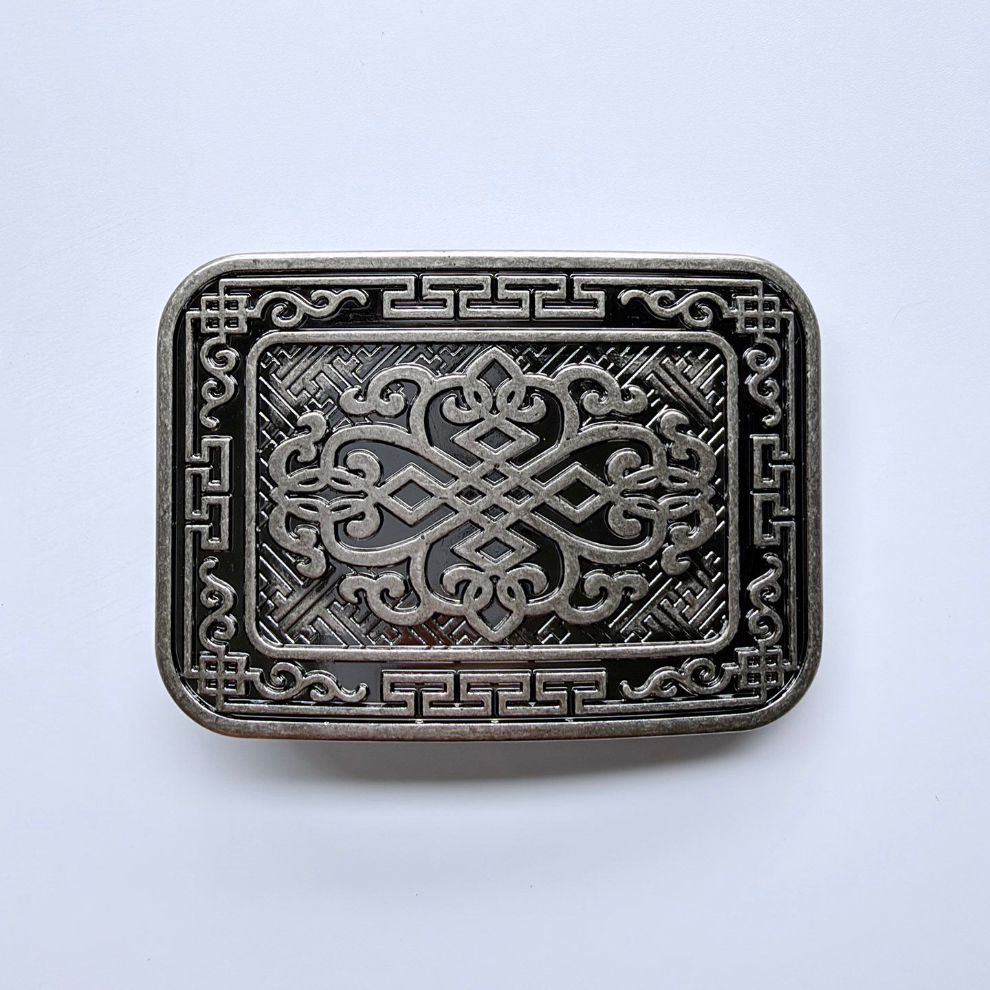 Southwestern Style Rectangular Engraved Belt Buckle, Antique Silver Tone with Intricate Celtic Cross Knot Relief, Retro Cowboy Cowgirl Belt Buckle for Men Women BUCKLE-WG019