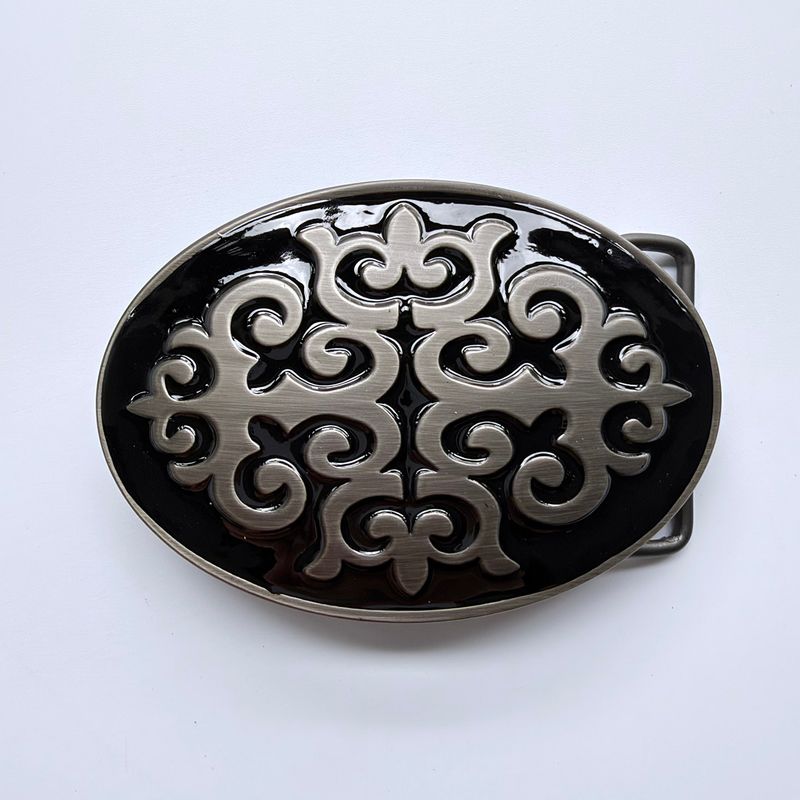 Southwestern Style Oval Embossed Belt Buckle, Antique Silver Tone Intricate Scroll Motif on Black Background, Retro Cowboy Cowgirl Belt Buckle for Men Women Women BUCKLE-WG023