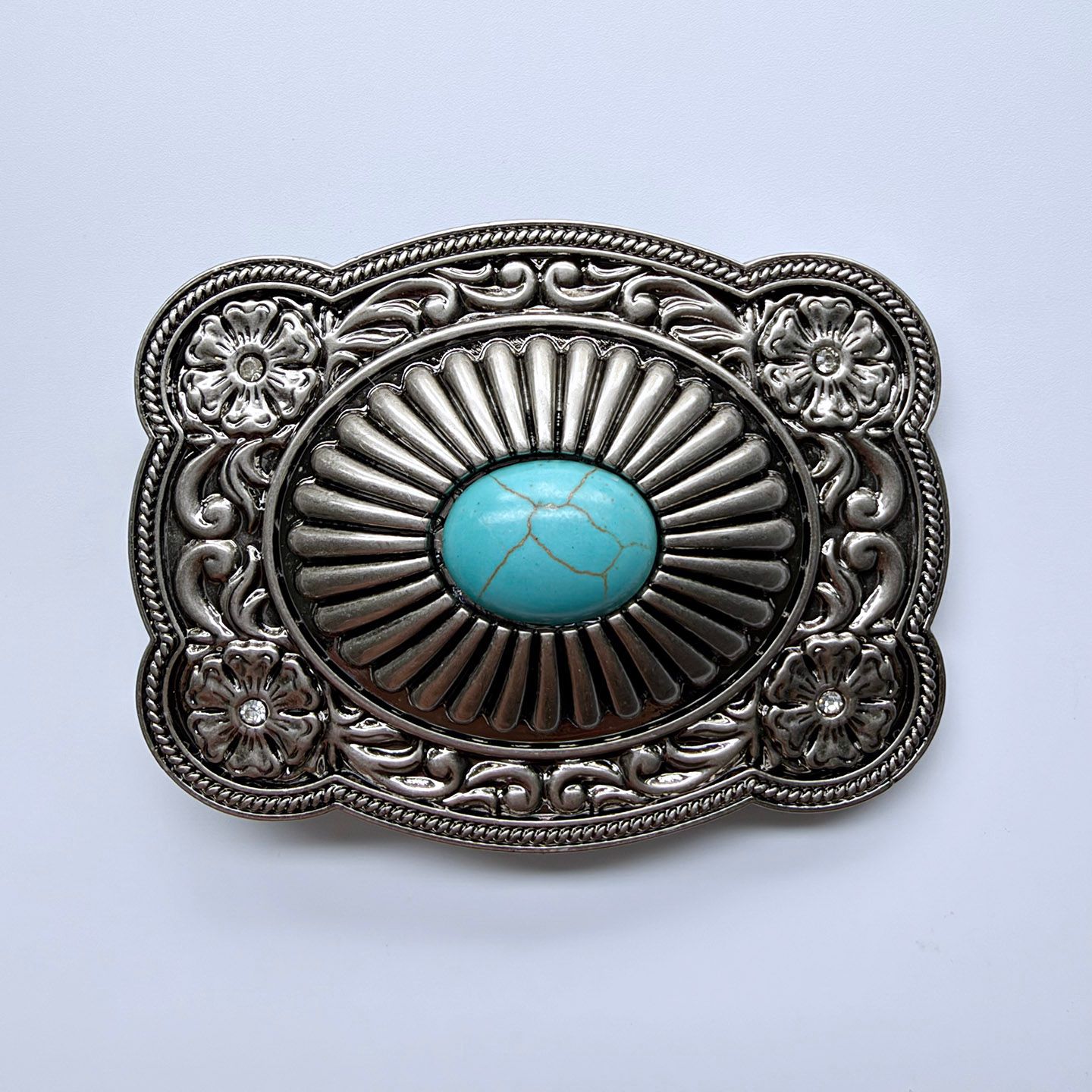 Southwestern Style Engraved Belt Buckle, Antique Silver Tone with Imitation Turquoise Stone, Retro Cowboy Cowgirl Belt Buckle for Leather Belt BUCKLE-WG013