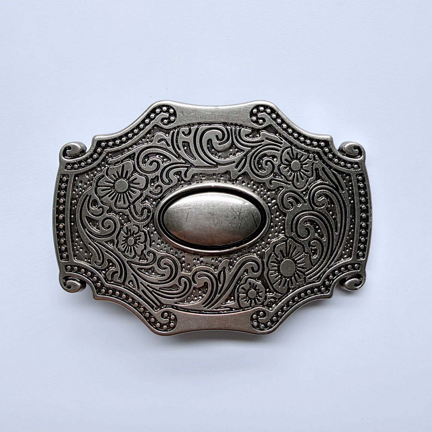 Southwestern Style Engraved Belt Buckle, Antique Silver Tone with Oval Plain Center Stone, Retro Cowboy Cowgirl Belt Buckle for Men Women Women BUCKLE-WG016