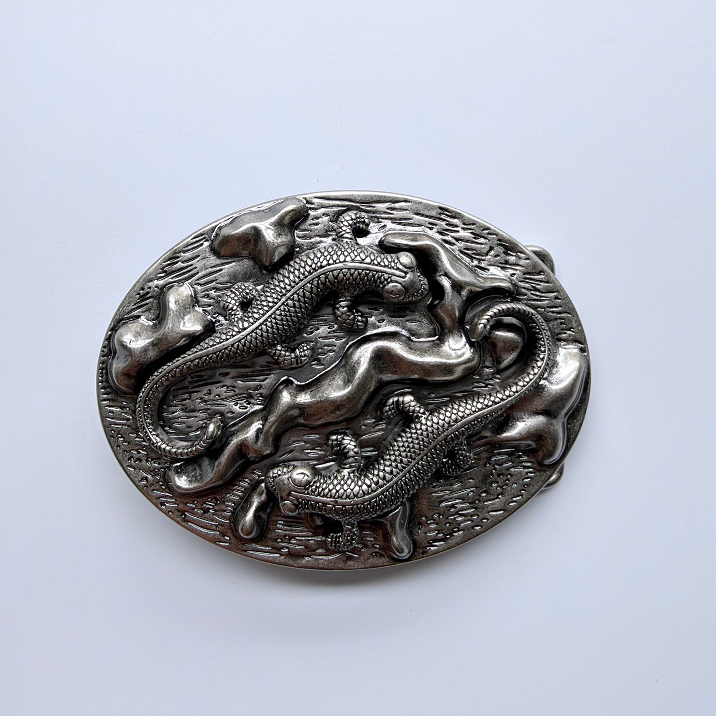 Southwestern Style Oval Belt Buckle, Antique Silver Tone with Double Lizard Raised Relief, Retro Cowboy Cowgirl Belt Buckle for Men Women BUCKLE-WG018