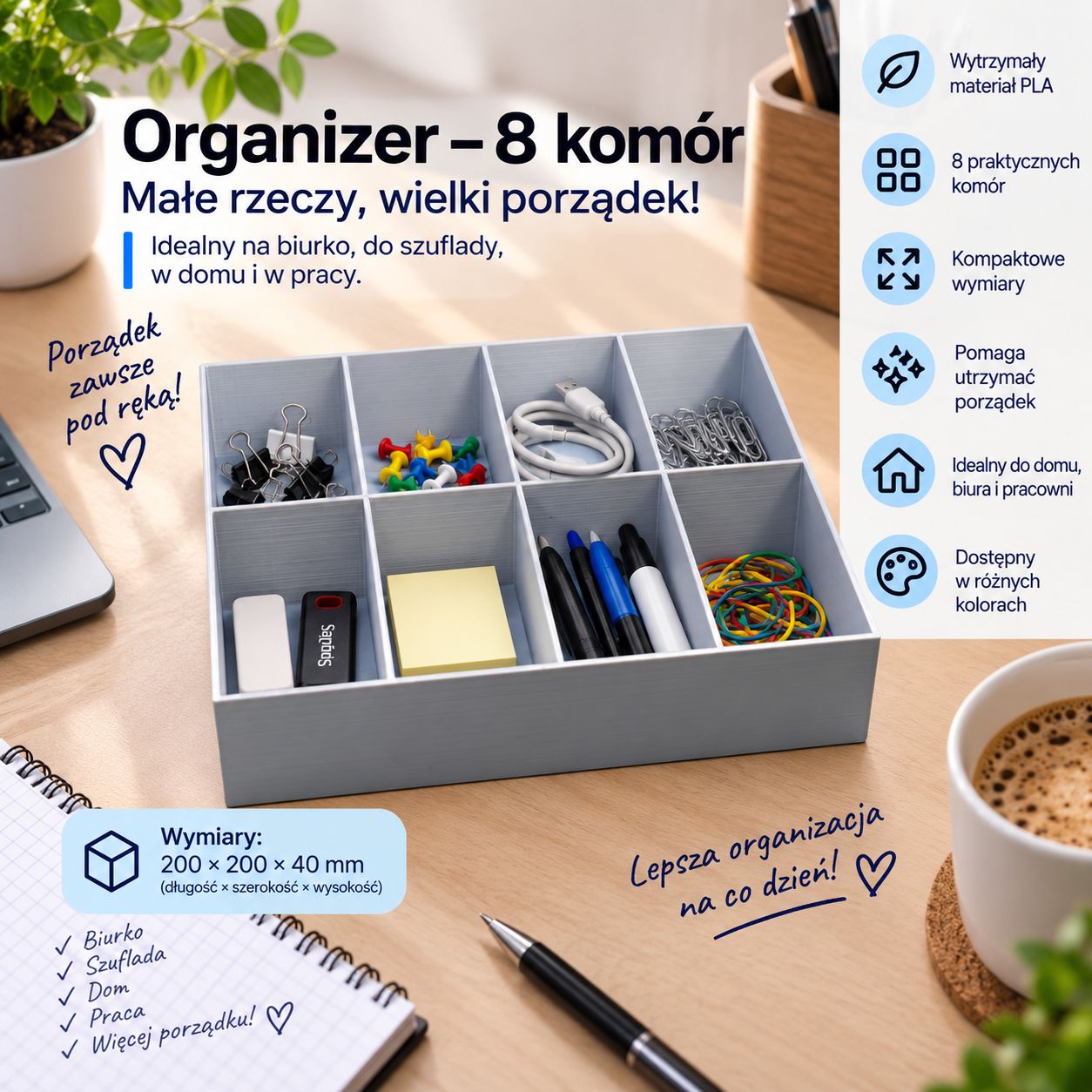 Organizer na drobiazgi i małe elementy – 8 równych przegródek