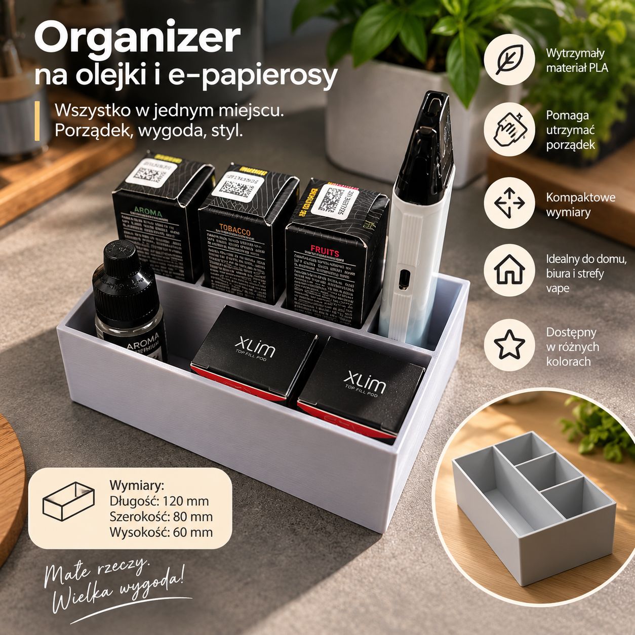 Organizer na e-papierosa i akcesoria vape – pudełko na liquidy, grzałki i akcesoria – kompaktowy organizer PLA 121x66x40 mm