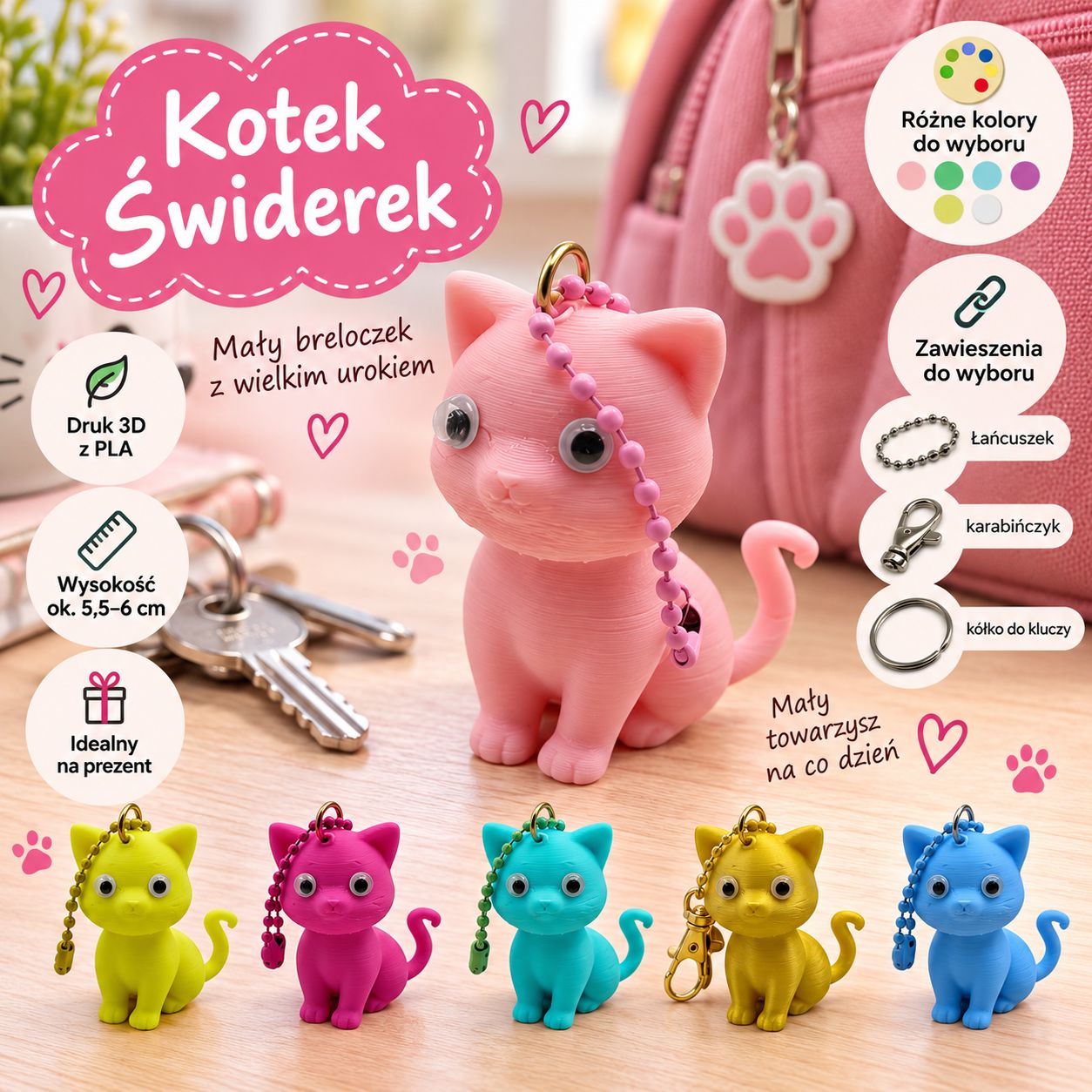 Breloczek do kluczy i plecaka Kotek Świderek