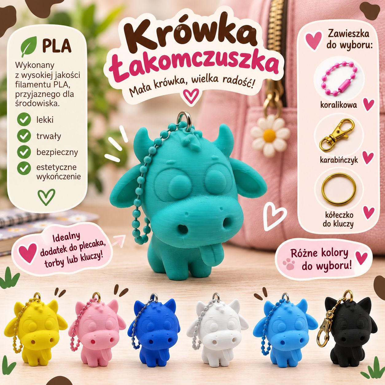 Breloczek do kluczy i plecaka Krówka Łakomczuszka