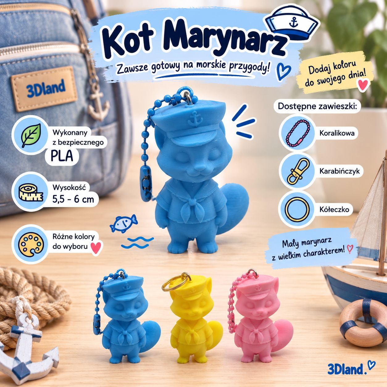 Breloczek do kluczy i plecaka Kot Marynarz