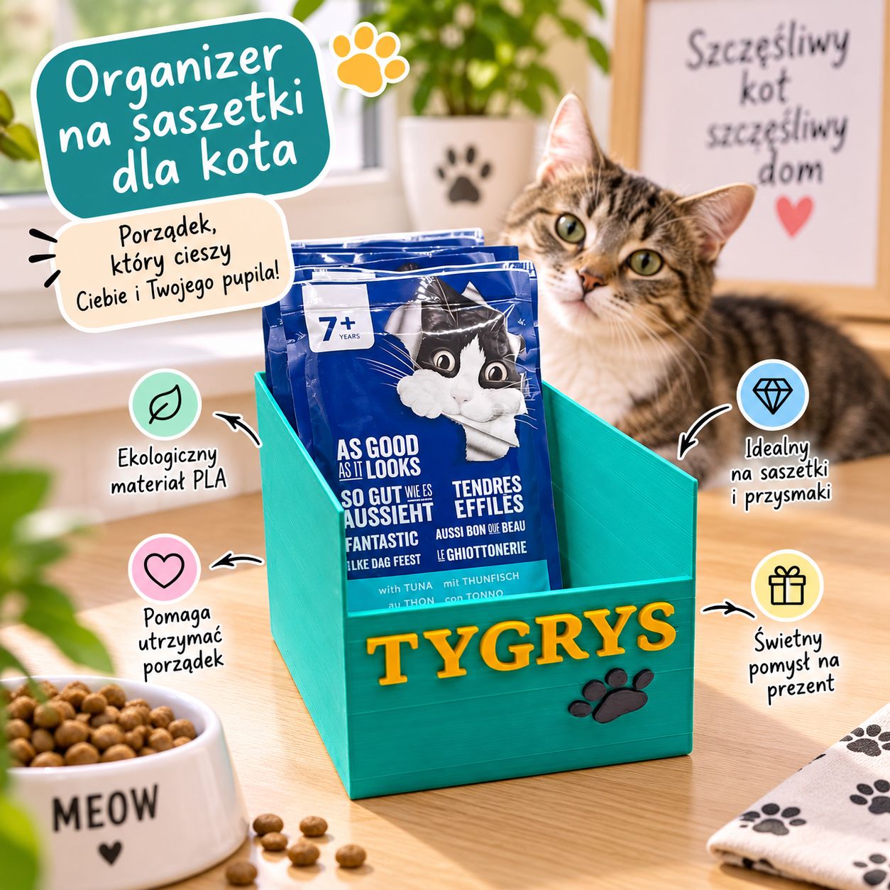 Organizer na saszetki dla kota – personalizowany stojak na karmę mokrą Organizer na saszetki dla kota – personalizowany stojak na karmę mokrą