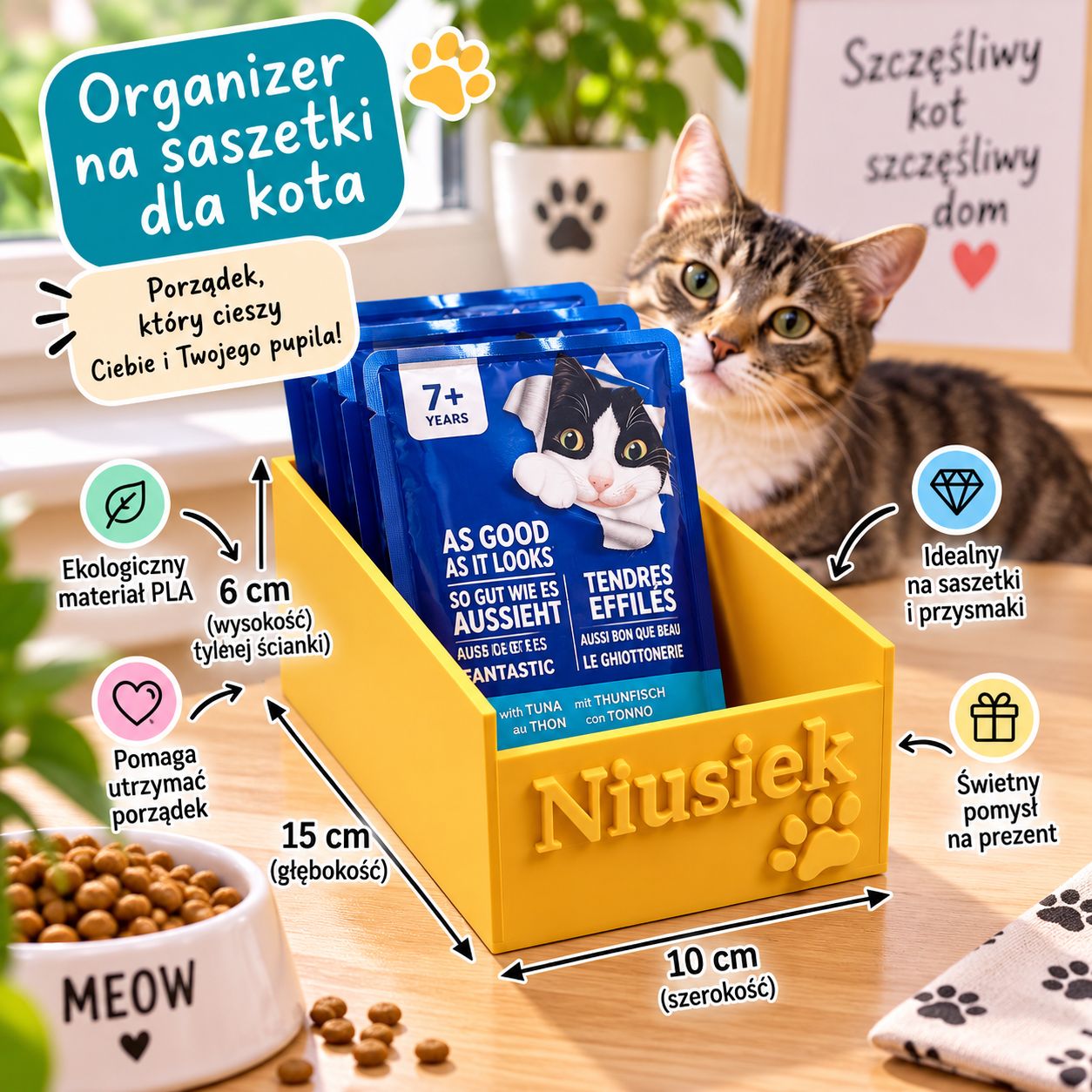 Organizer na saszetki dla kota – personalizowany stojak na karmę mokrą Organizer na saszetki dla kota – personalizowany stojak na karmę mokrą