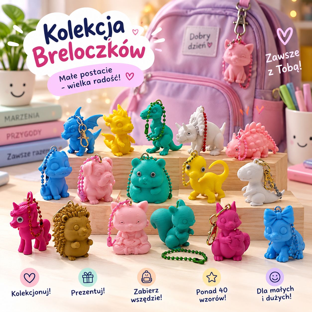 Zestaw 4 breloczków 3D do kluczy i plecaka – różne wzory