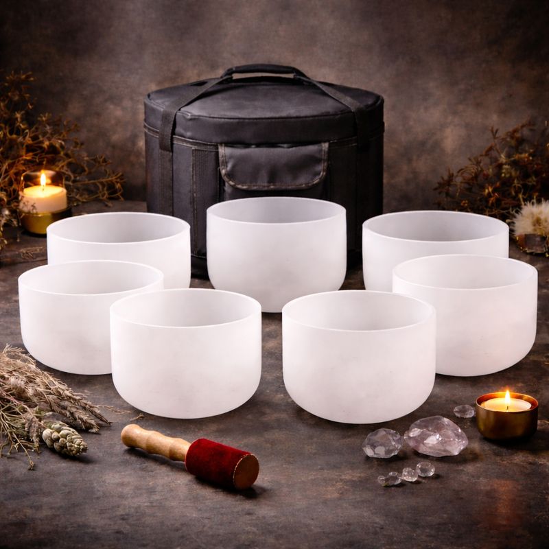 7er Crystal Singing Bowl Set – Kristall-Klangschalen Chakrenset 432 Hz mit Klöppel & Taschen | Veyra-Soul