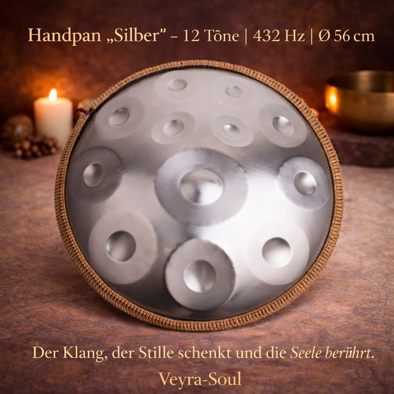 🌀Handpan „Silber“ – 12 Töne, 432 Hz, Ø 56 cm | Veyra-Soul