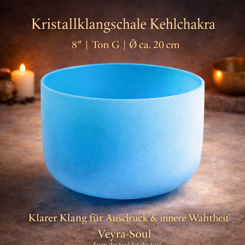 ✨Kristallklangschale Kehlchakra – 8" (Ø ca. 20 cm), Ton G, Blau | Veyra-Soul