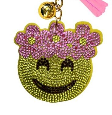 Crystal Keychain - Yellow Smiley w/pink flowers