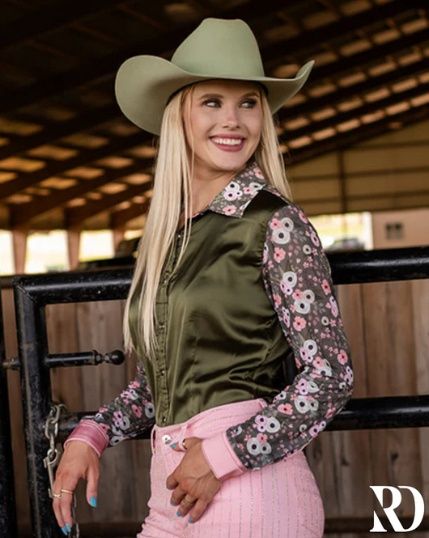 POPPY SAGE SATIN MESH PERFORMANCE RODEO SHIRT