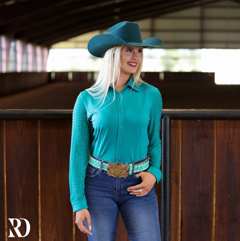 TURQUOISE MESH SLEEVE PERFORMANCE RODEO SHIRT