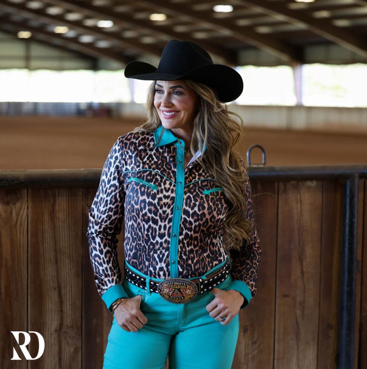 TURQUOISE LEOPARD PERFORMANCE RODEO SHIRT