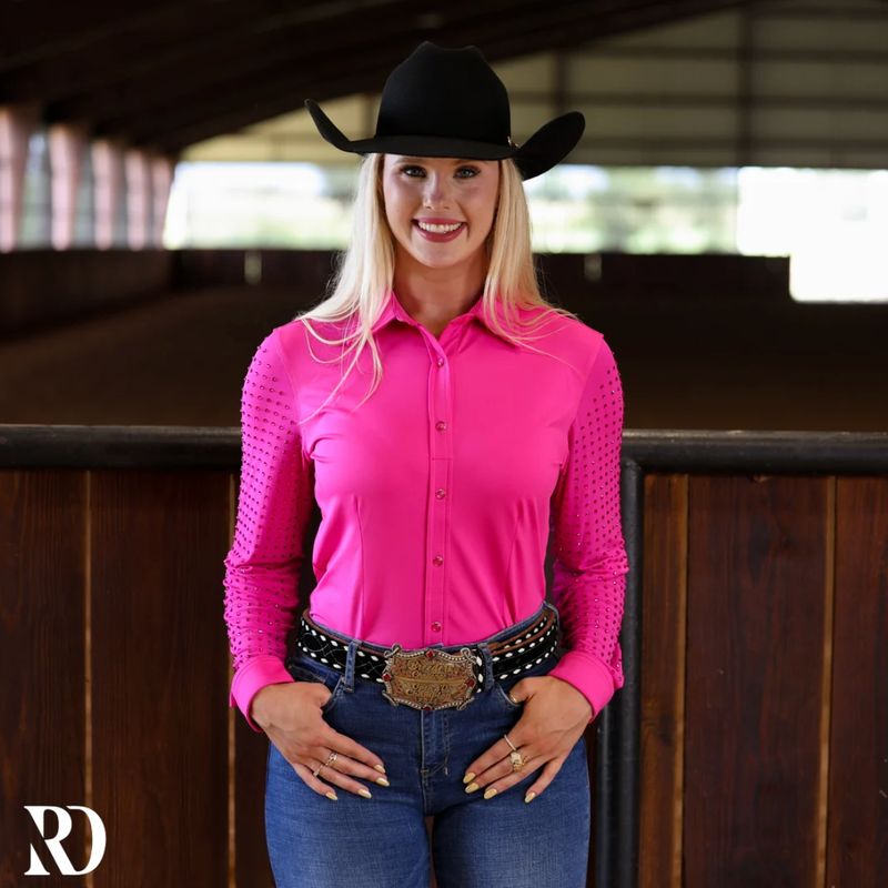 HOT PINK MESH SLEEVE PERFORMANCE RODEO SHIRT