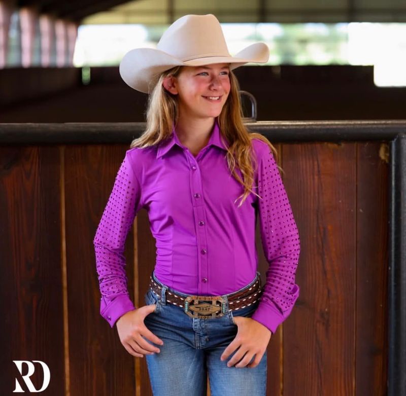 *YOUTH* PURPLE MESH SLEEVE PERFORMANCE RODEO SHIRT