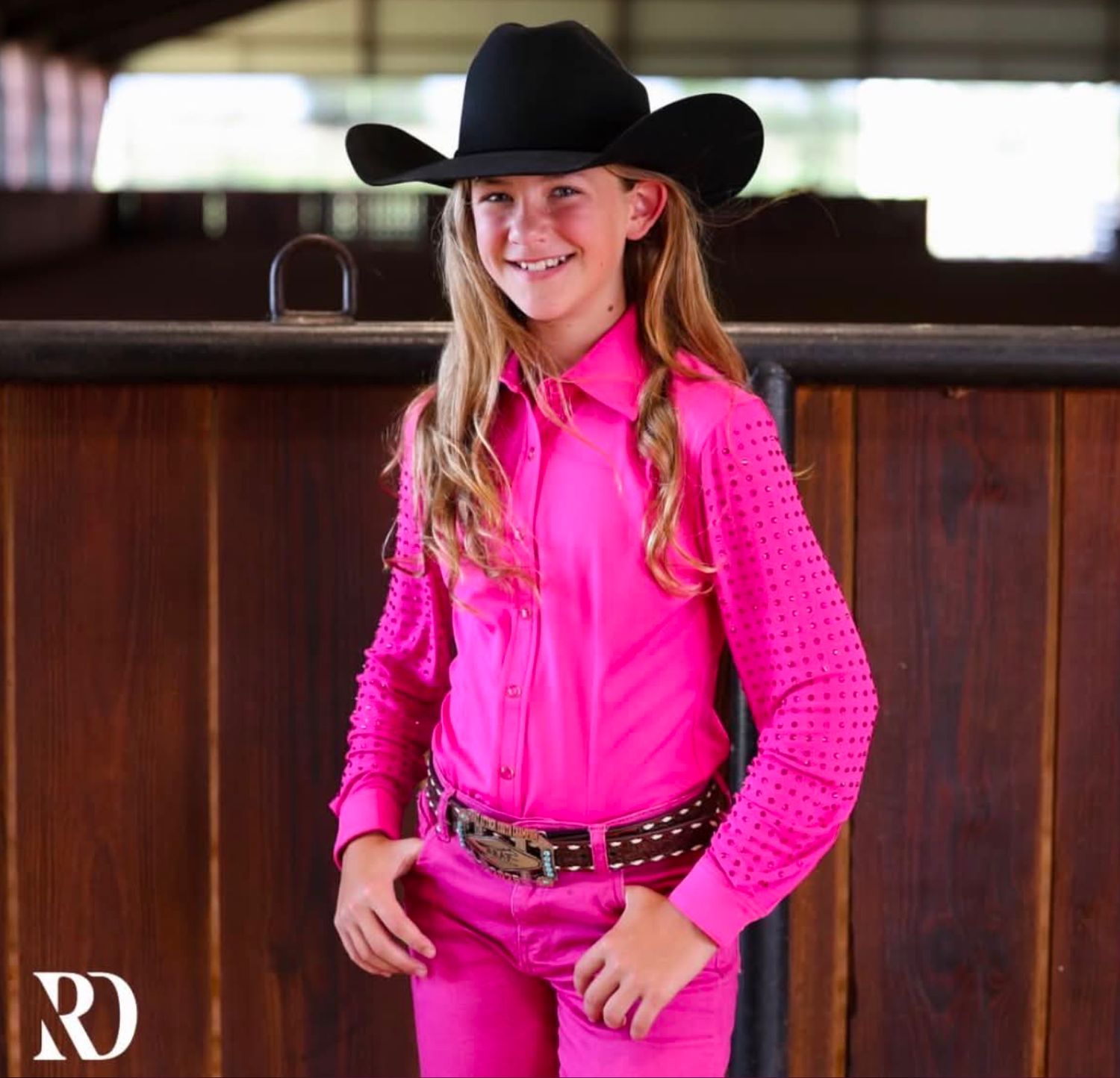 *YOUTH* PINK MESH SLEEVE PERFORMANCE RODEO SHIRT
