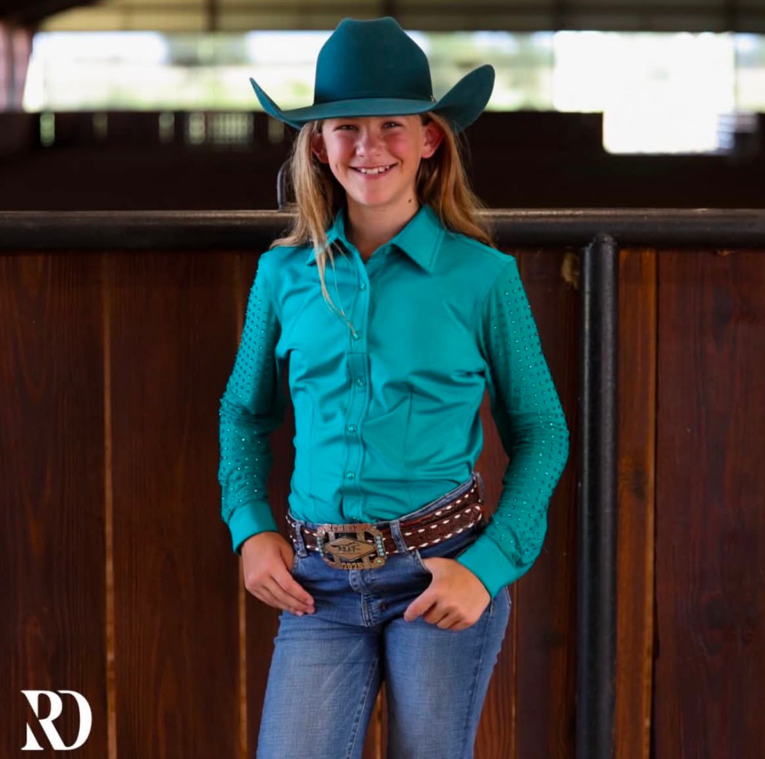 *YOUTH* TURQUOISE MESH SLEEVE PERFORMANCE RODEO SHIRT