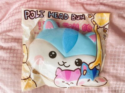 Large Poli Head Bun, blue and white kitten squishy toy by Popularboxes_HK, rare, good condition, original package