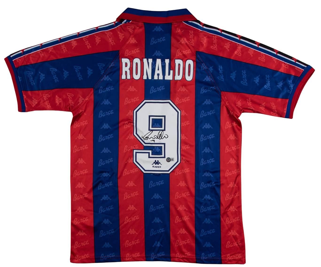 Ronaldo Trikot Nr. 9, Barcelona, ​​signiertes Autogramm-Trikot 1996/97, Barcelona 96/97, Phänomen Ronaldo da Lima, Barcelona 96/97, Barca-Trikot mit Autogramm  Replika-Barcelona-Trikot, signiert, Autogramm RONALDO PHENOMEN O FENOMENO  Authentifizieru