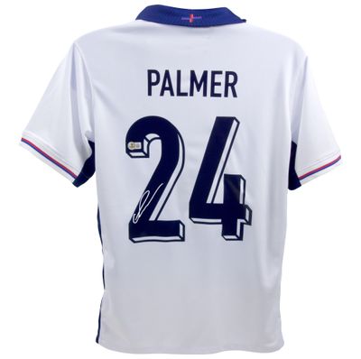 Maglia originale dell'Inghilterra di Cole Palmer, stagione 2024/2025, autografata da Palmer e Beckett.  Autenticazione: ologramma Beckett.  Tempi di consegna: 10-20 giorni.