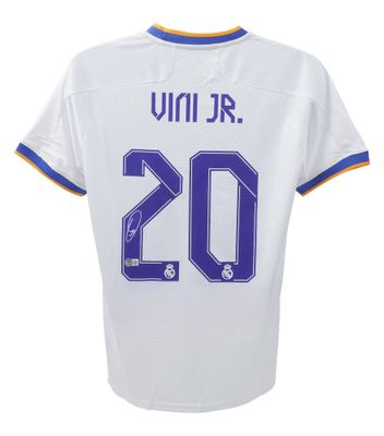 Camiseta Vinicius Jr. número 20 del Real Madrid (temporada 2021/2022) firmada. Camiseta firmada por Vinicius Jr.  Camiseta original del Real Madrid firmada por Vinicius Jr.  Autenticación: Holograma Beckett  Tiempo de entrega estimado: 10-20 días.