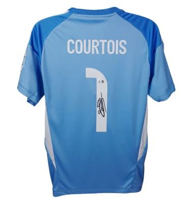 Camiseta de Courtois Thibaut, portero del Real Madrid, firmada y autógrafa. Temporada 2025/2026.  Camiseta original del Real Madrid firmada y autógrafa de Courtois Thibaut, temporada 2025/2026.  Autenticación: Holograma Beckett.  Tiempo de entrega es