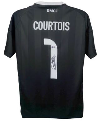 Camiseta de Courtois Thibaut, portero del Real Madrid, firmada y autógrafa. Temporada 2025/2026.  Camiseta original del Real Madrid firmada y autógrafa de Courtois Thibaut, temporada 2025/2026.  Autenticación: Holograma Beckett.  Tiempo de entrega es