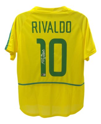 Maglia da calcio di Rivaldo, Brasile, Coppa del Mondo 2002, autografata. Maglia autografata RIVALDO 10 con autenticazione Beckett. Coppa del Mondo Brasile 2002.  Replica della maglia da calcio del Brasile autografata RIVALDO 10, Coppa del Mondo Brasi