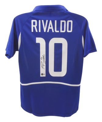 Maglia da calcio di Rivaldo, Brasile, Coppa del Mondo 2002, autografata. Maglia autografata RIVALDO 10 con autenticazione Beckett. Coppa del Mondo Brasile 2002.  Replica della maglia da calcio del Brasile autografata RIVALDO 10, Coppa del Mondo Brasi